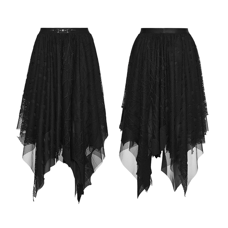 Black goth irregular bat mesh skirt with layered panel, sheer hem, and metal clasp belt.