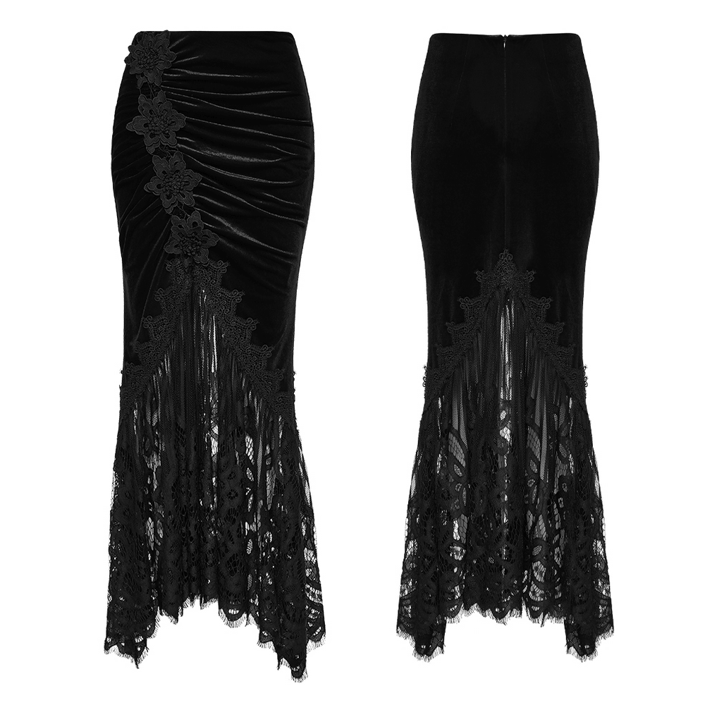 Gothic black velvet and lace fishtail skirt with ruched hips, floral applique and dramatic eyelash lace hemline.