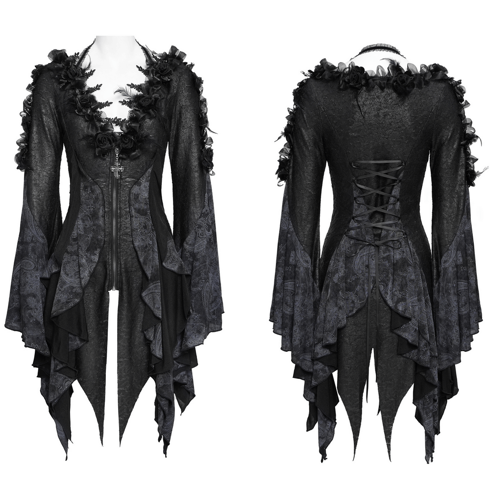 Black gothic longline blouse with rose collar, zip front, lace-up back, flared sleeves, layered hem and ruffle.