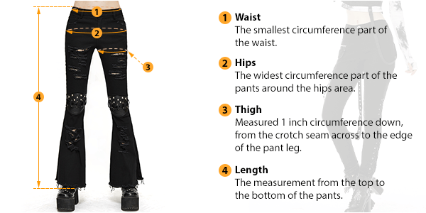 How to measure Female Pants size by HARD'N'HEAVY This picture shows how to measure Female Pants size by HARD'N'HEAVY.