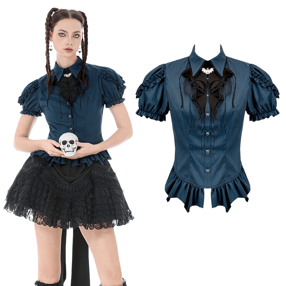 Pinstripe gothic blouse with puff sleeves, lace jabot bib, bat brooch and ruffle hem front view for women