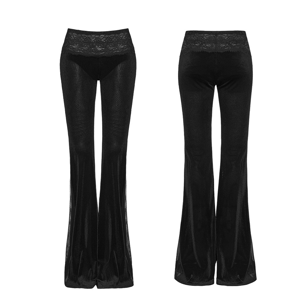 Black goth low waist flared pants with lace waistband and sheer mesh side panels.