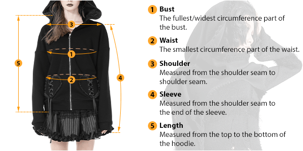 This picture shows how to measure Female Hoodie size by HARD'N'HEAVY.
