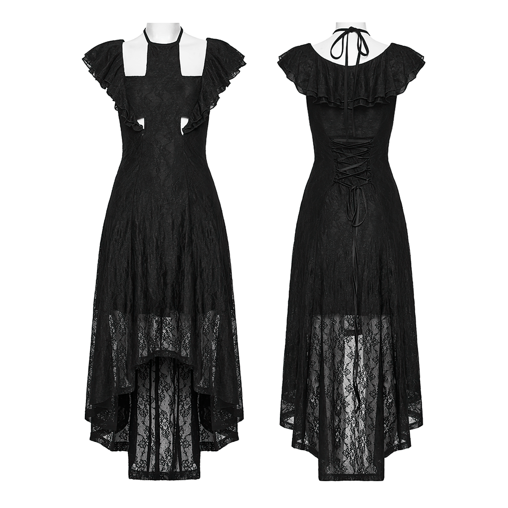 Black gothic lace dress with cross cutout bodice, flutter sleeves, adjustable back waist, and high-low hemline.