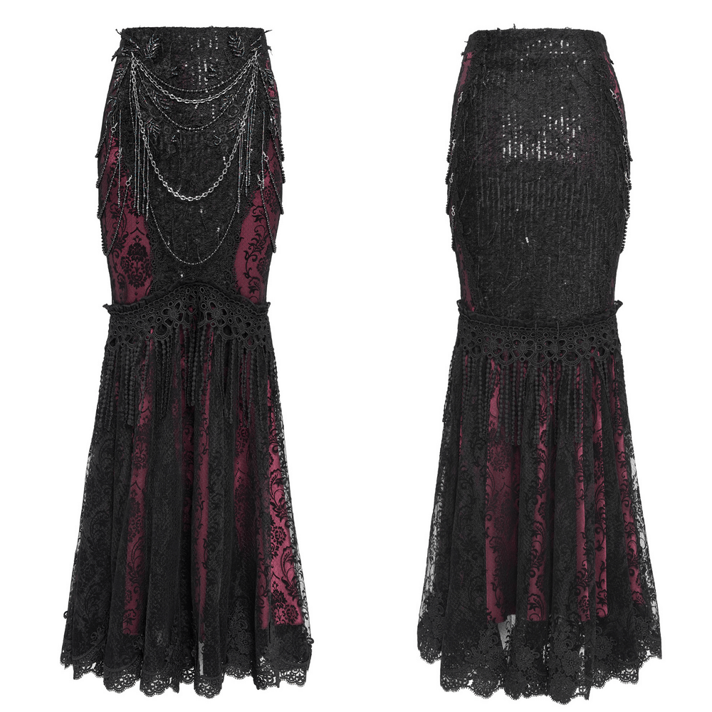 Black and burgundy gothic fishtail skirt with lace, sequins, chain drapes, and dramatic mermaid silhouette fit.