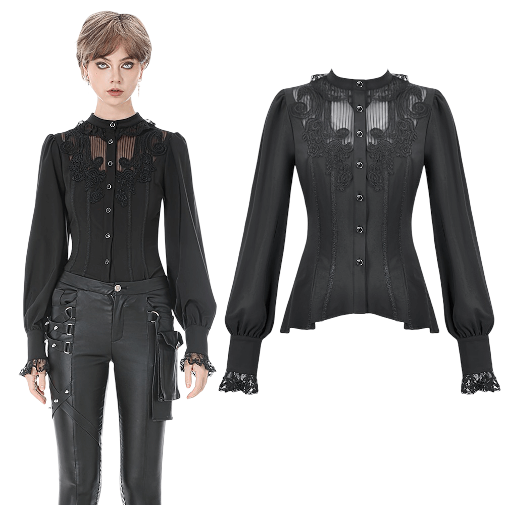 Victorian black blouse with lace details, button-up front, and long sleeves for a gothic-inspired look.