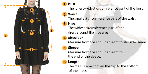 This picture shows how to measure Dress size by HARD'N'HEAVY.