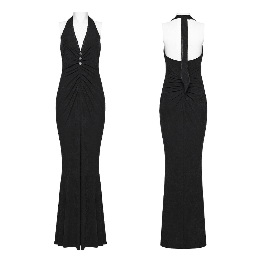 Black goth halter fishtail maxi dress with ruched waist, chest buckles and floral jacquard texture detail view.