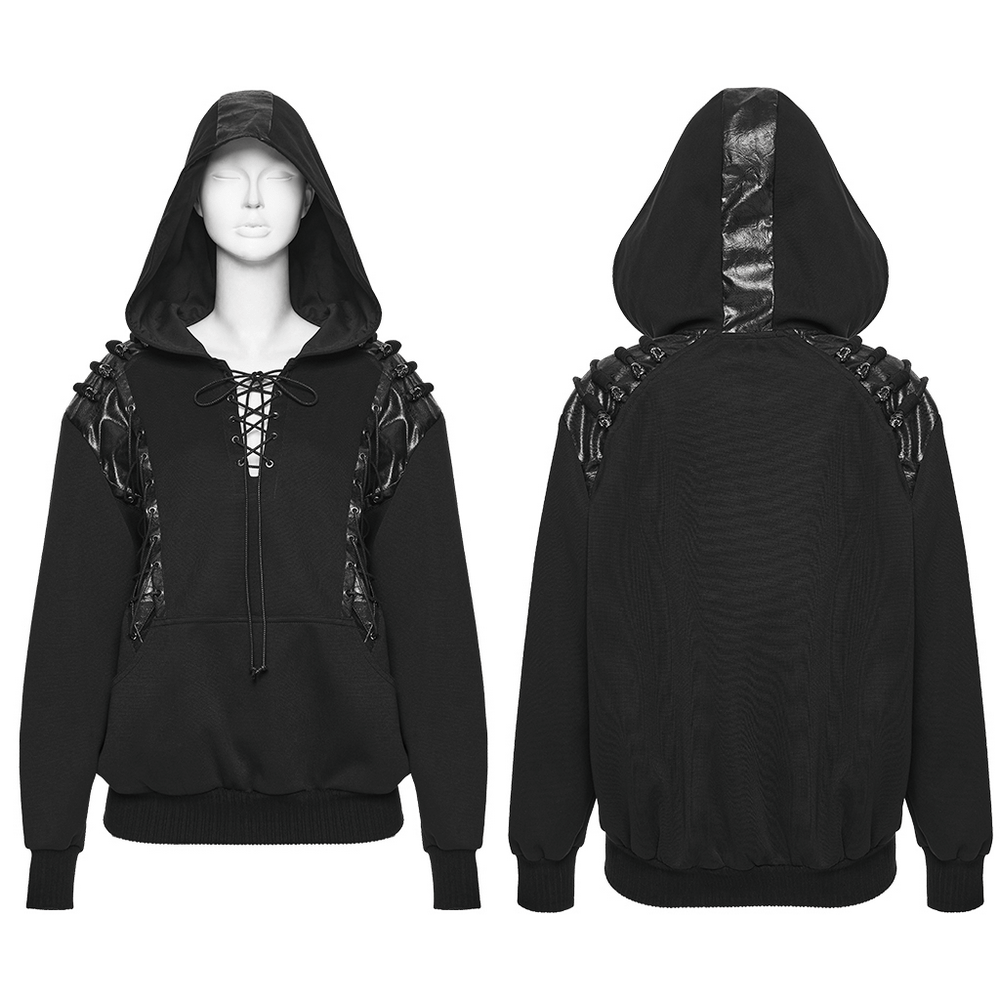 Black gothic punk hoodie with lace-up front, leather shoulder accents, hood, and skull toggle detailing.