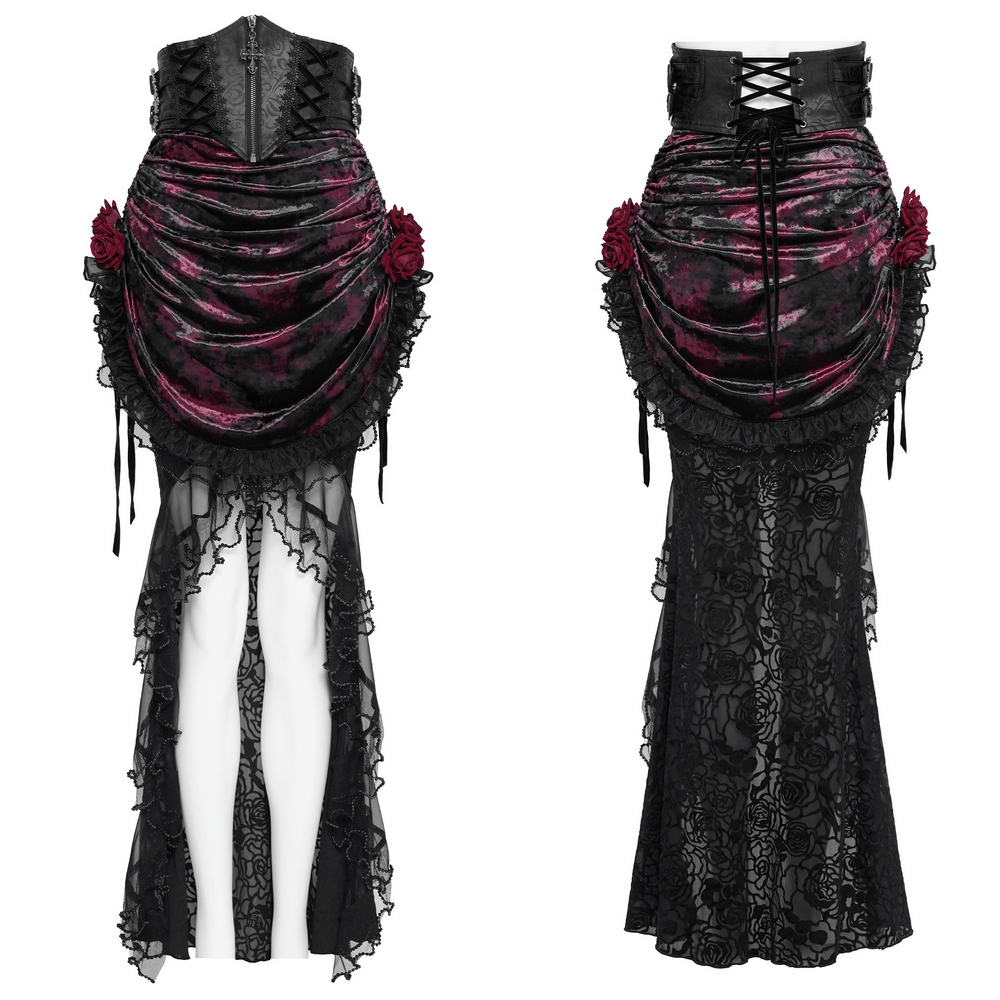Burgundy gothic mermaid skirt with corset waist, ruched velvet, lace hem and rose accents.