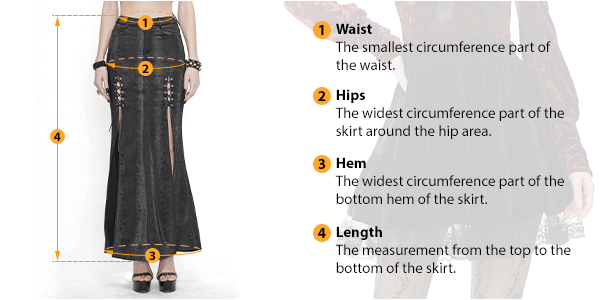 This picture shows how to measure Female Skirt size by HARD'N'HEAVY.