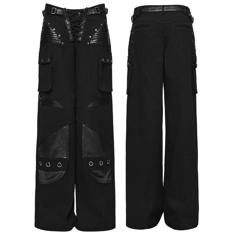 Black punk low-waist wide-leg pants with contrasting fabrics, pockets, and decorative belts.